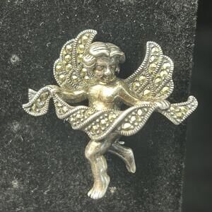 Judith Jack Sterling Silver Marcasite Cherub Angel Brooch Pin 1.5” Vintage